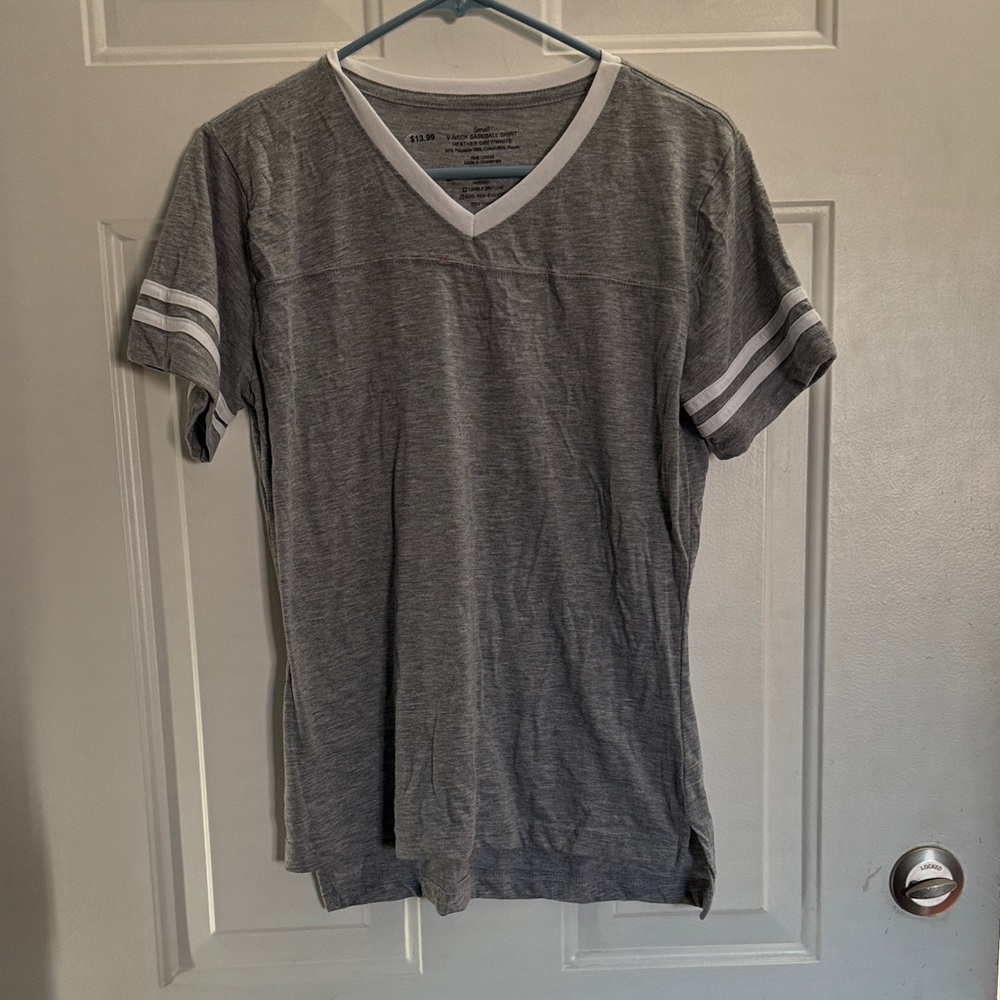BaseballShirt V Neck Light Grey white stripes on sleeve Small